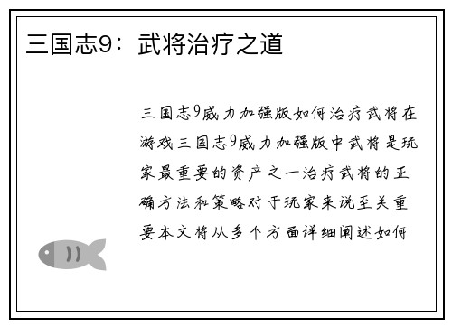 三国志9：武将治疗之道